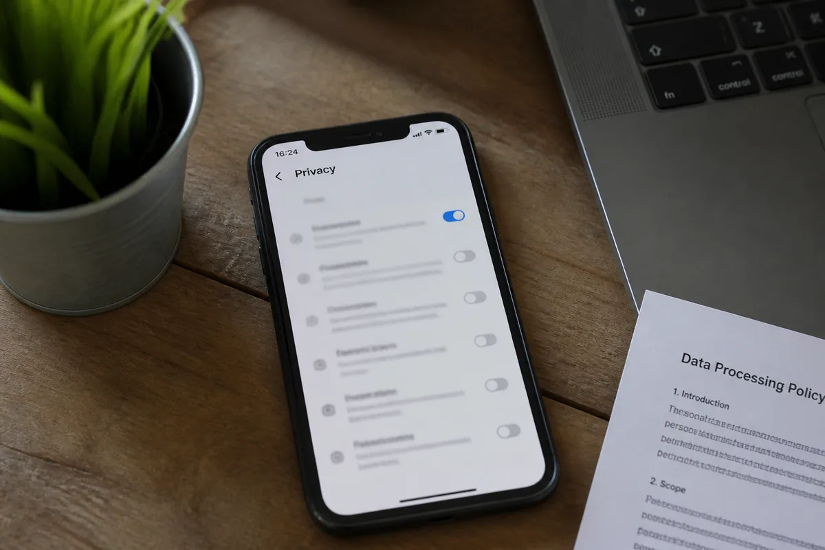 Smartphone affichant un écran de réglages de confidentialité pour comparer ChatGPT et Claude
