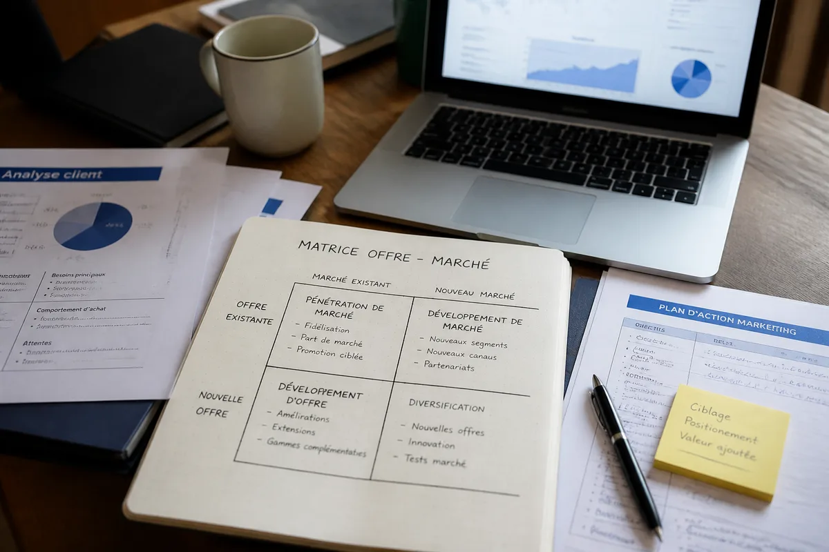 Diagnostic marketing avec carnet de notes, étude de marché et plan d’action sur un bureau