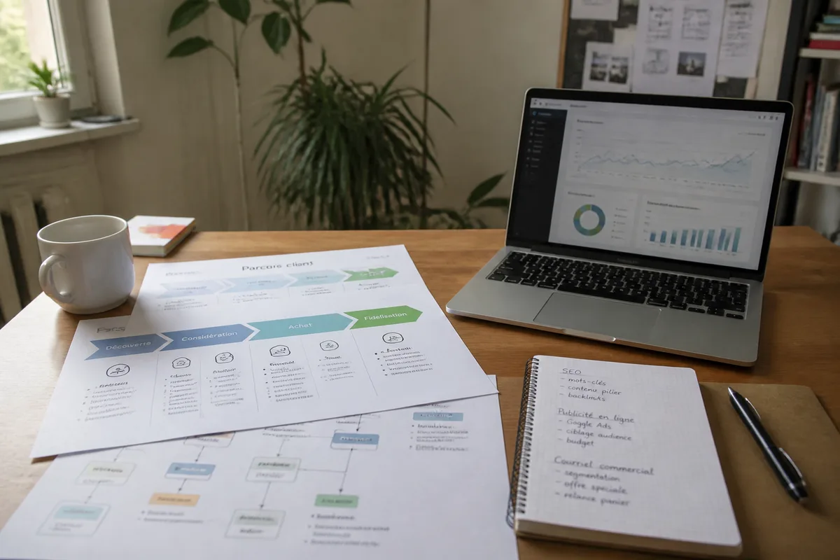 Scène réaliste de travail autour des leviers du webmarketing dans une petite entreprise